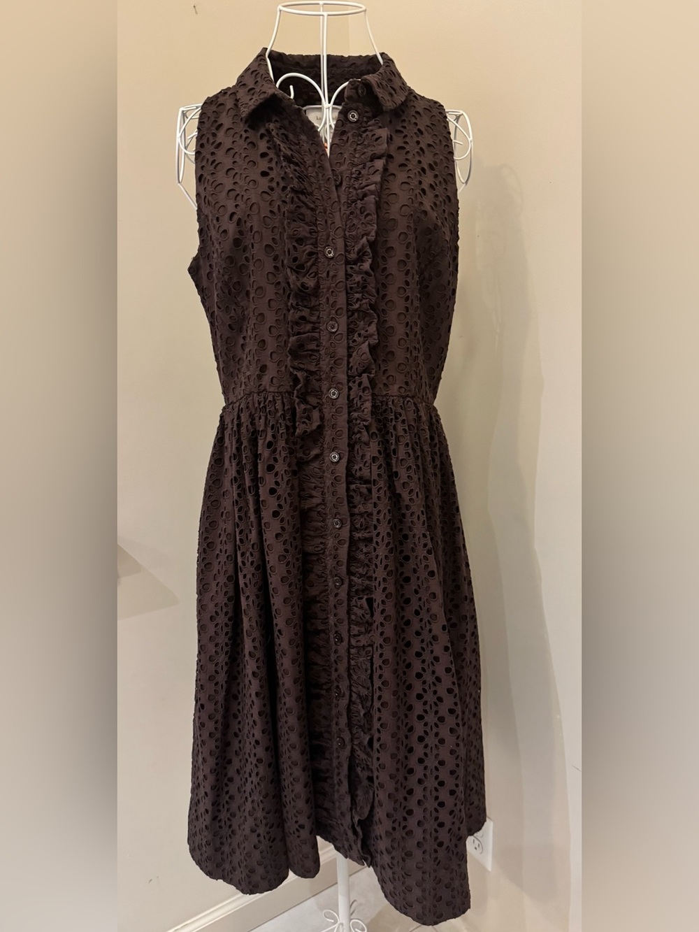 Kate Spade Sleeveless Brown Eyelet Ruffle Button-Front Dress Size 10